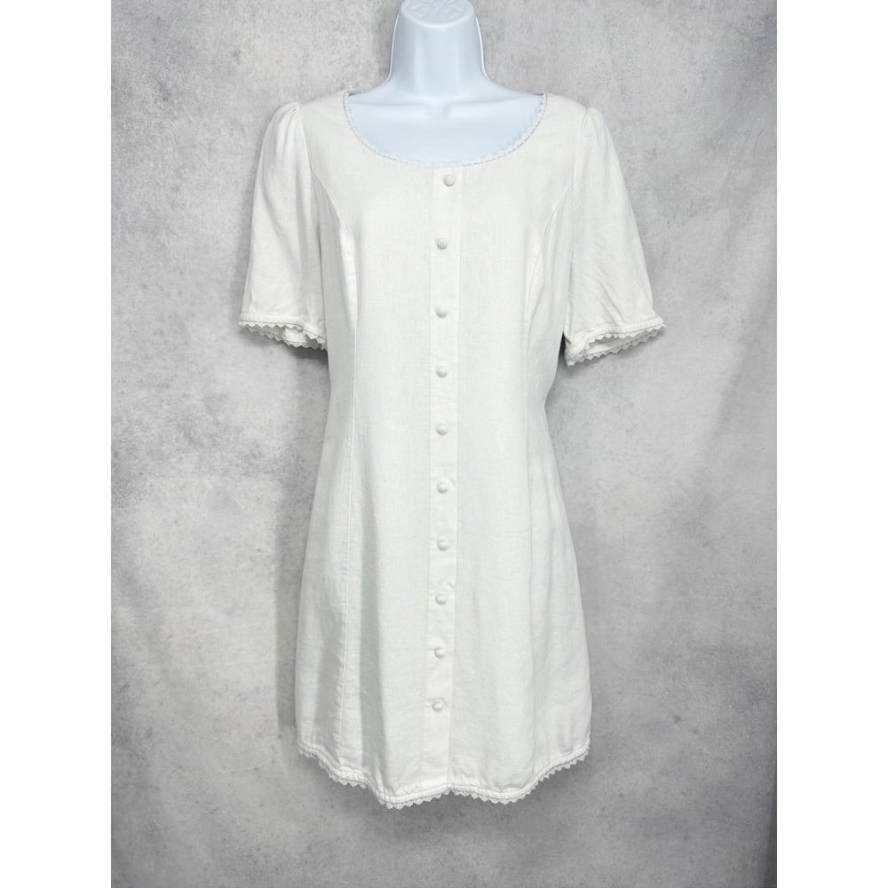 Joie White‎ Linen Blend Lace Trim Button Detail Tie Back Mini Dress Size Large